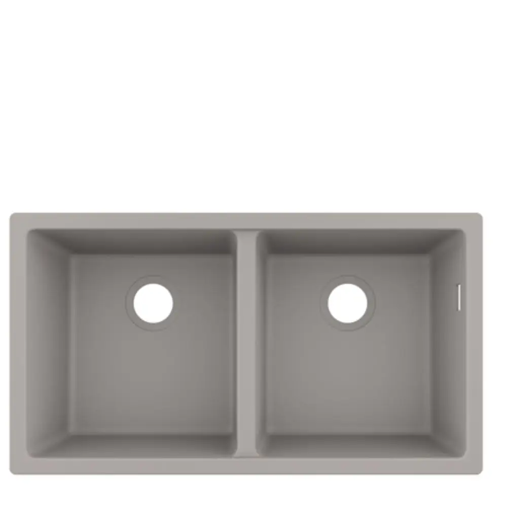 Zwei-Kammer-Spüle in Betongrau von Hansgrohe, ausgestattet mit runden Ablauföffnungen, rechteckigem Design und Unterbau-Installation.